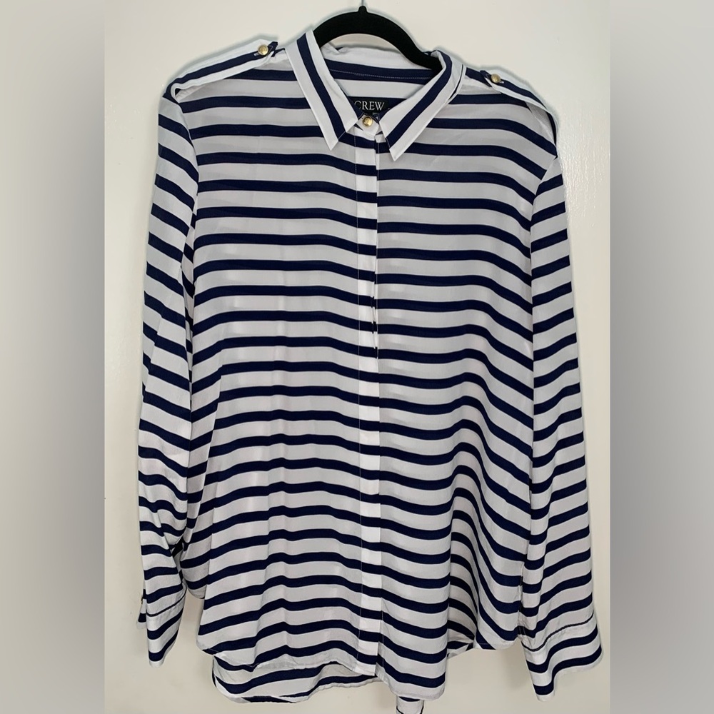 J.Crew Navy and White Striped Silk Shirt With Nautical detail buttons